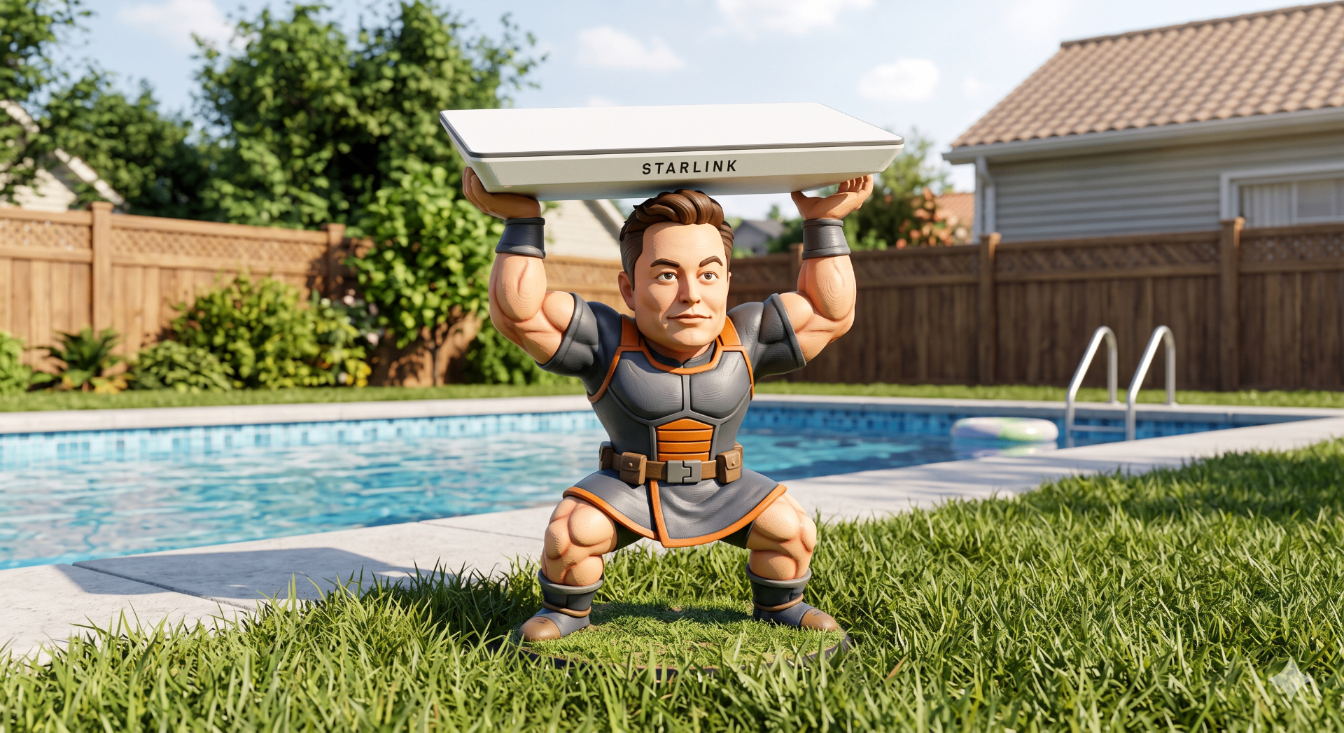 Cartoon Elon Musk figurine holding up a Starlink dish in a backyard