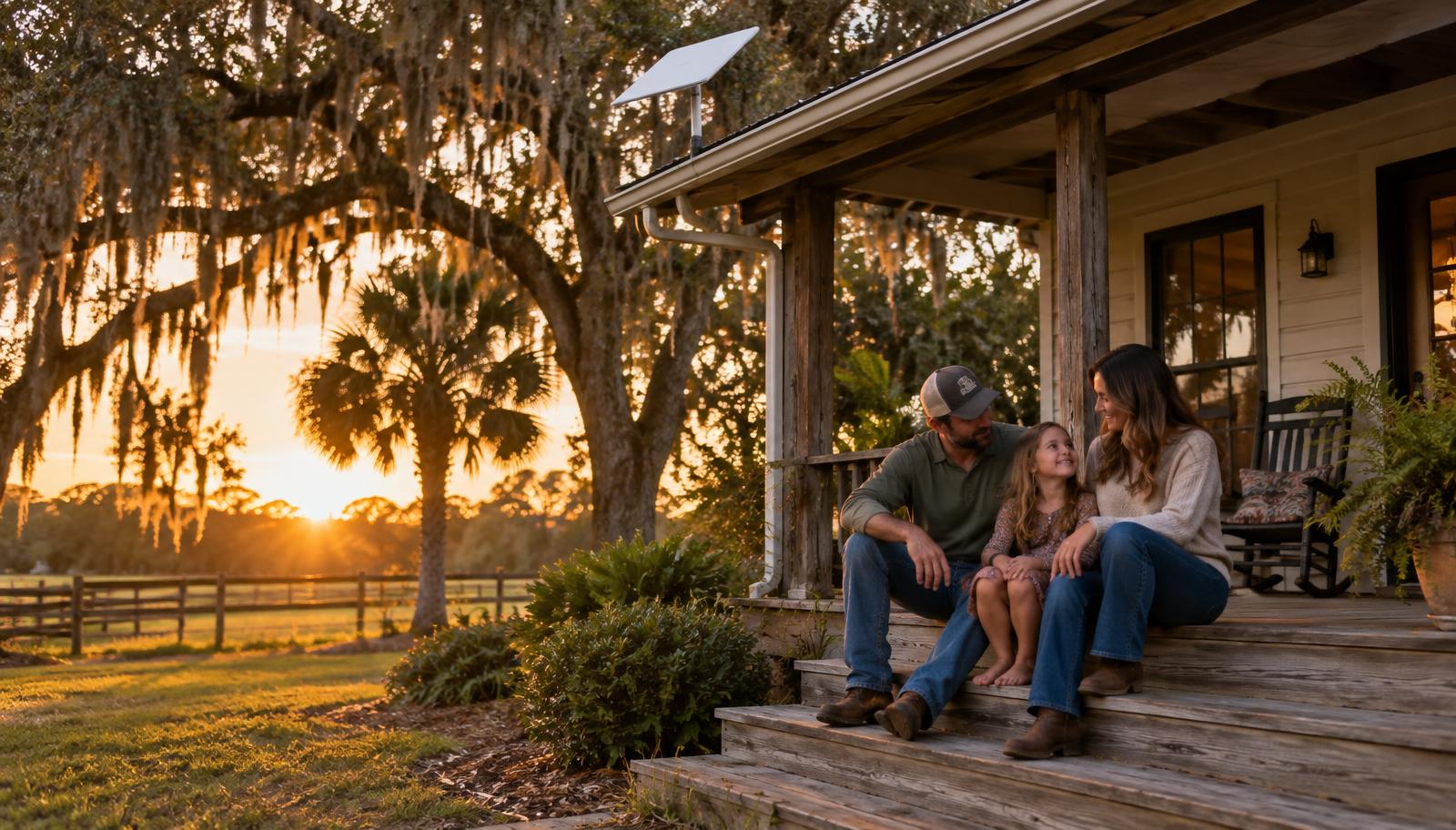 Family relaxing at a rural Florida home with a satellite internet dish on the roof